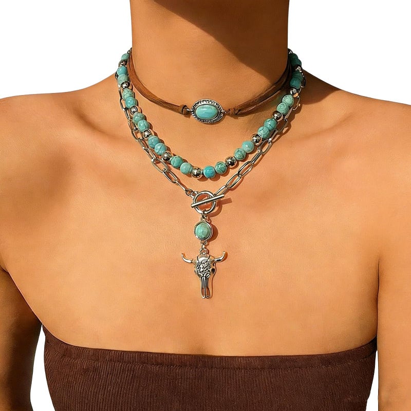 GIGB PBDK Boho Western Necklaces for Women,Turquoise Beaded Layered Necklaces Vintage Cow Cactus Pendant Choker Necklace Set,Cowgirl Jewelry Accessories Gifts (Cow) - Image 2