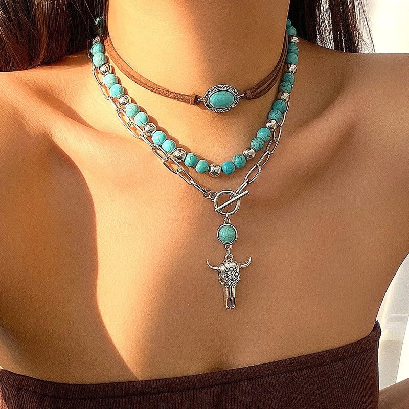 GIGB PBDK Boho Western Necklaces for Women,Turquoise Beaded Layered Necklaces Vintage Cow Cactus Pendant Choker Necklace Set,Cowgirl Jewelry Accessories Gifts (Cow) - Image 5