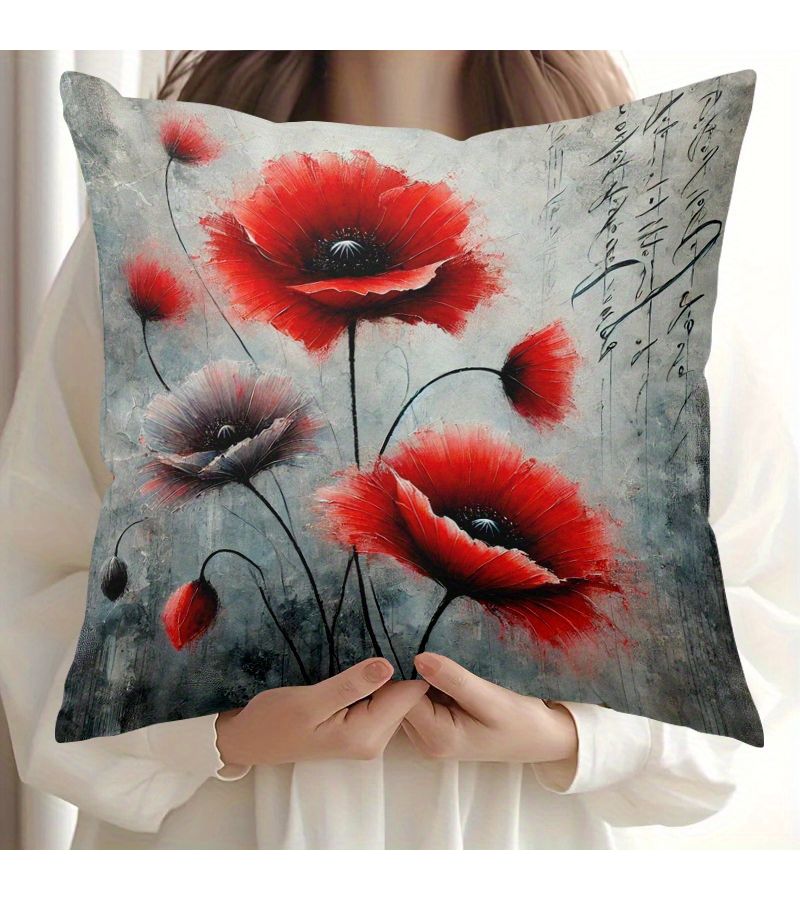 1pc Red Flower Calligraphy Polyester Pillowcase With Zipper Machine Washable Skin Friendly Cushion Cover 16x16in For Bed Sofa Lounge Chair - Image 1