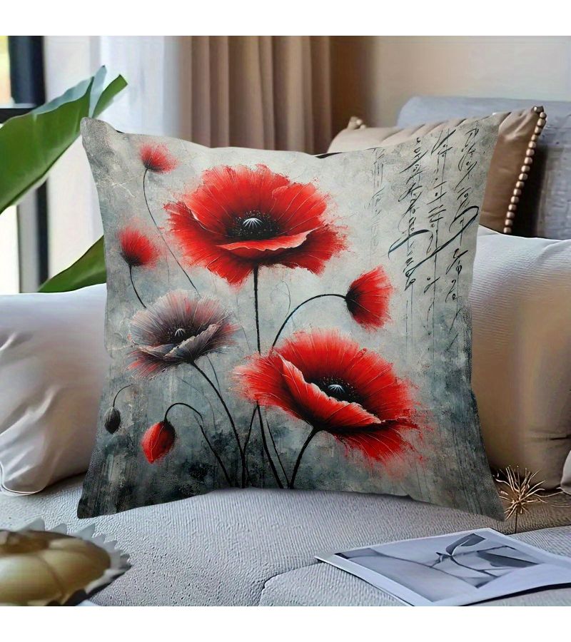 1pc Red Flower Calligraphy Polyester Pillowcase With Zipper Machine Washable Skin Friendly Cushion Cover 16x16in For Bed Sofa Lounge Chair - Image 3