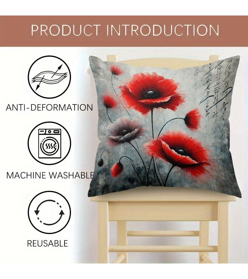 1pc Red Flower Calligraphy Polyester Pillowcase With Zipper Machine Washable Skin Friendly Cushion Cover 16x16in For Bed Sofa Lounge Chair - Image 5