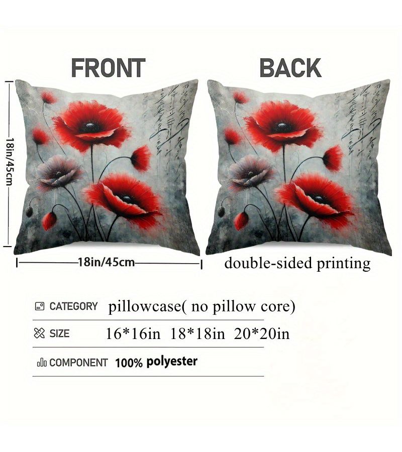 1pc Red Flower Calligraphy Polyester Pillowcase With Zipper Machine Washable Skin Friendly Cushion Cover 16x16in For Bed Sofa Lounge Chair - Image 4