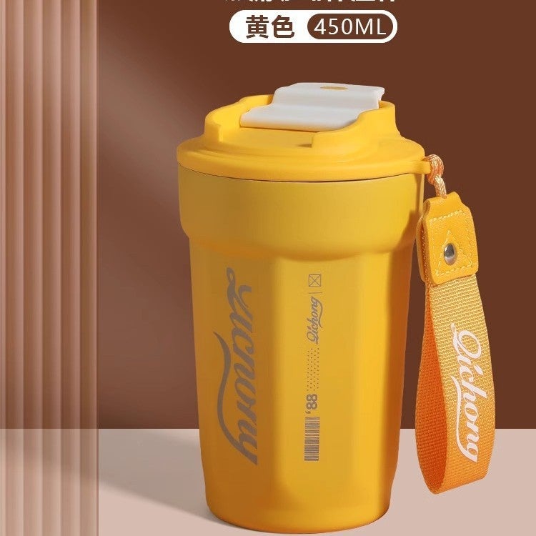 High color value 316 stainless steel octagonal coffee cup outdoor portable with rope cup double vacuum insulation cup Yellow 450ml [common cap]