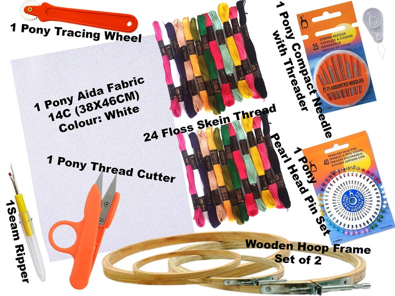 Artonezt Hand Embroidery Kit for Beginners Cross Stitch Kit 5 PLY Wooden Embroidery Hoop Frames, Floss Skein Thread, Pony Cross Stitch Aida Needlework Fabric and Other Embroidery Materials - Image 2