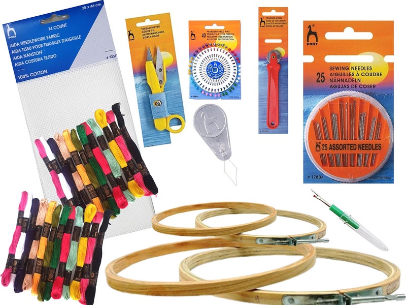 Artonezt Hand Embroidery Kit for Beginners Cross Stitch Kit 5 PLY Wooden Embroidery Hoop Frames, Floss Skein Thread, Pony Cross Stitch Aida Needlework Fabric and Other Embroidery Materials - Image 1