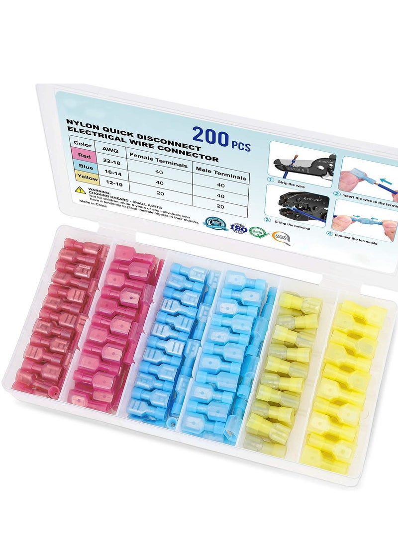 Bukela Nylon Spade Quick Disconnect Connectors Kit,  Electrical Insulated Terminals, Male and Female Spade Wire Crimp Terminal Assortment Kit, Resists Corrosion, 3 Colors 200 Pcs  - Image 1
