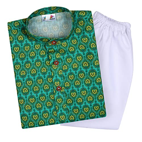 superminis Baby Boys Printed Cotton Kurta With White Pyjama Dress (8-9 Years, Green) - Image 1