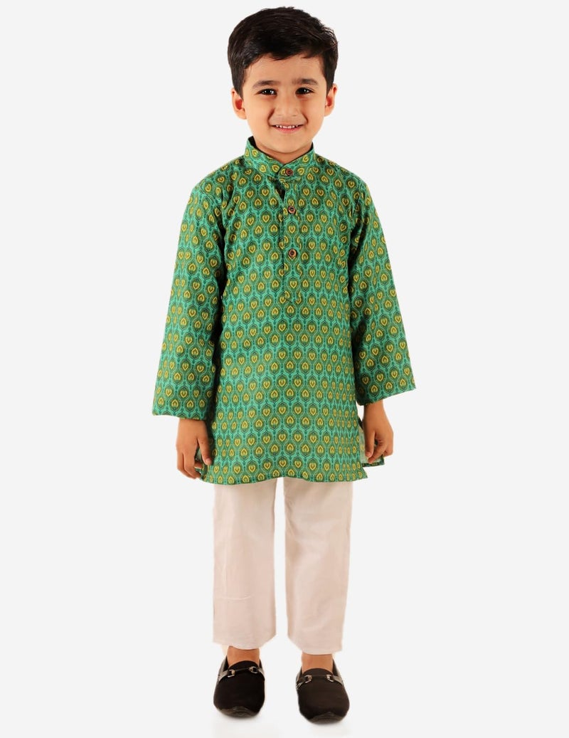 superminis Baby Boys Printed Cotton Kurta With White Pyjama Dress (8-9 Years, Green) - Image 2