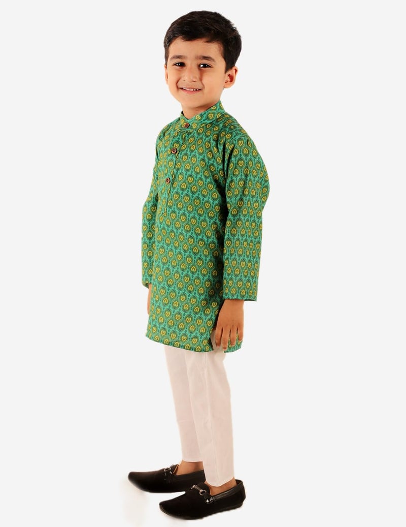superminis Baby Boys Printed Cotton Kurta With White Pyjama Dress (8-9 Years, Green) - Image 5