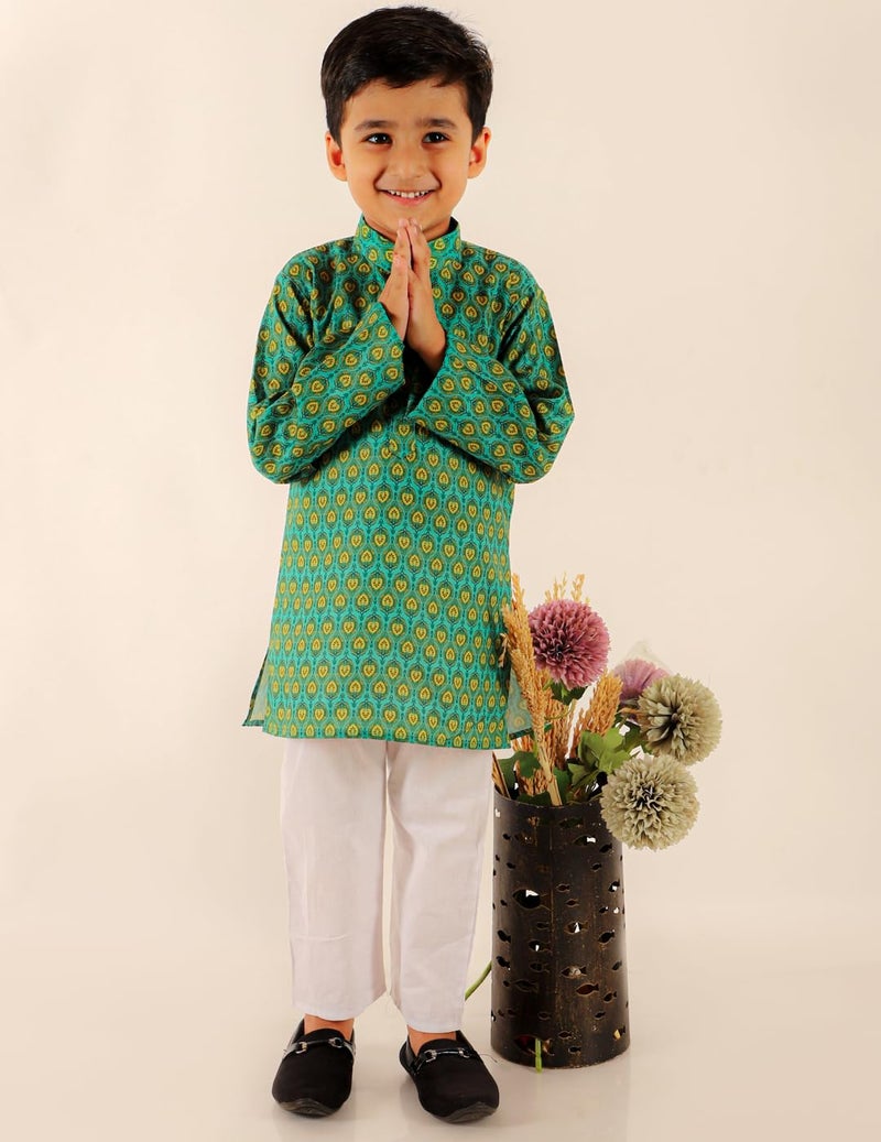 superminis Baby Boys Printed Cotton Kurta With White Pyjama Dress (8-9 Years, Green) - Image 4