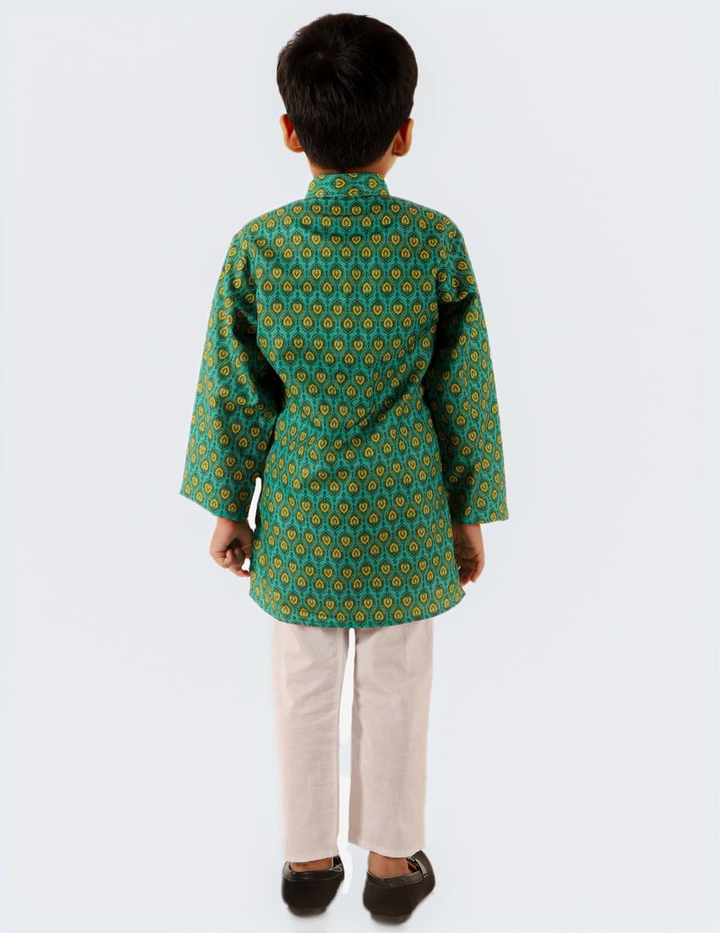 superminis Baby Boys Printed Cotton Kurta With White Pyjama Dress (8-9 Years, Green) - Image 3