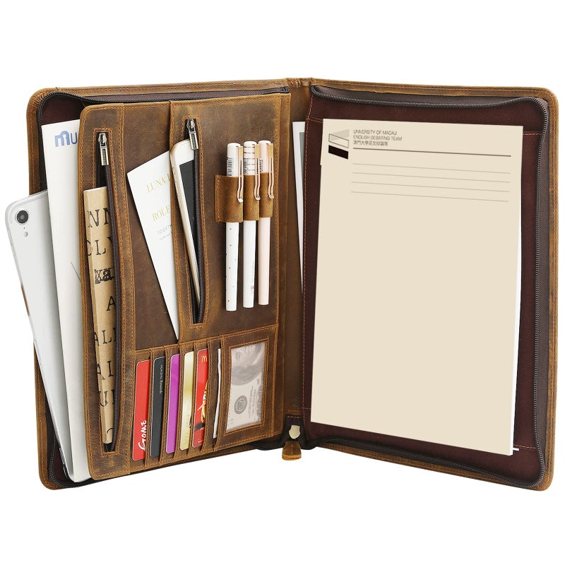 Ringsun Genuine Leather Portfolio with Zipper for Men Women Padfolio Business Resume A4Pad Folder Organizer Brown RS01