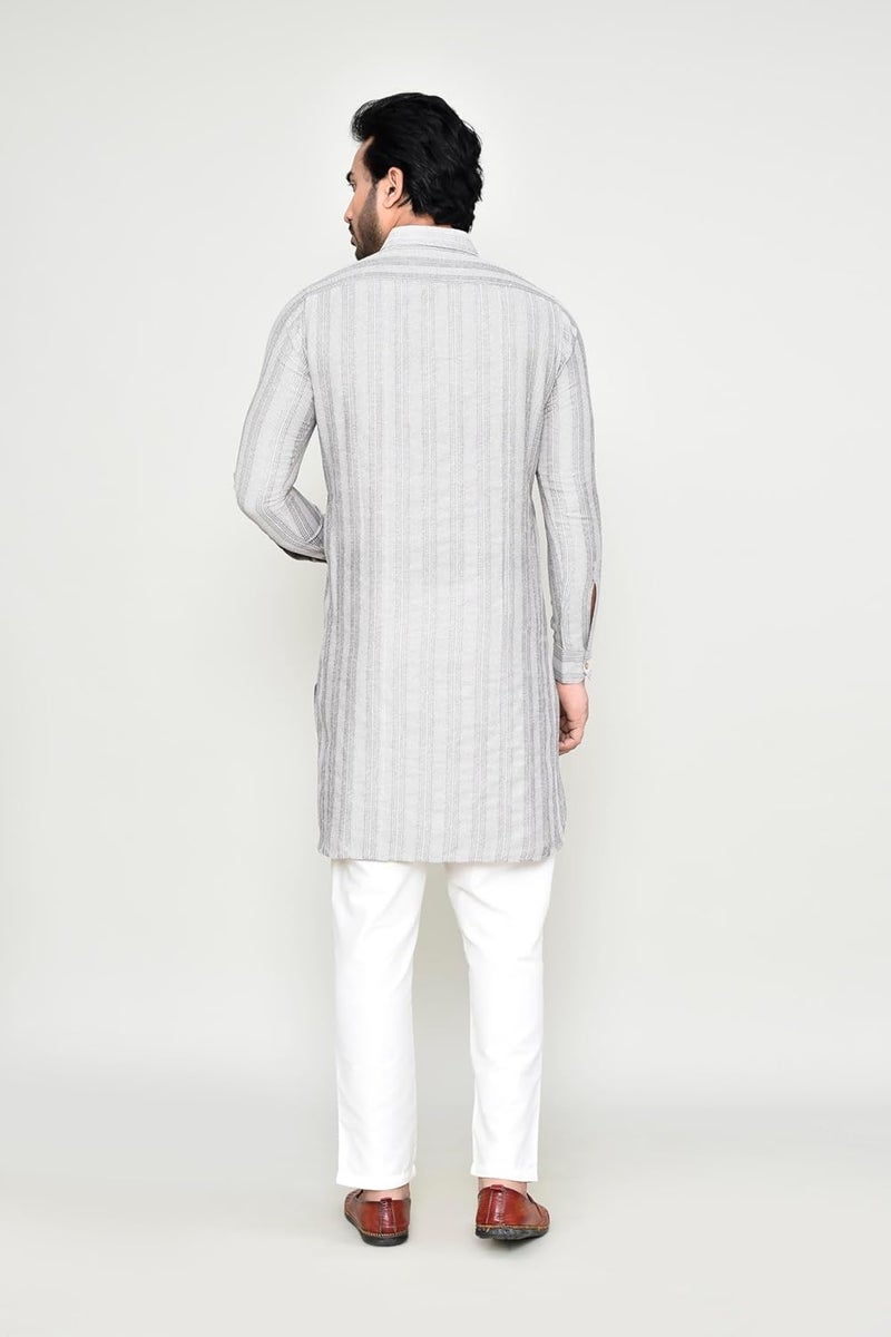 Polyfab Hathkargha Men's Long Sleeve Striped Kurta with Shirt Collar & Pant Set | Traditional Ethnic Wear | Comfortable Cotton Blend Kurta Pyjama Set for Men (XS to XXL) - Image 2