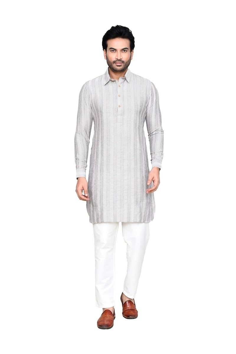 Polyfab Hathkargha Men's Long Sleeve Striped Kurta with Shirt Collar & Pant Set | Traditional Ethnic Wear | Comfortable Cotton Blend Kurta Pyjama Set for Men (XS to XXL) - Image 1