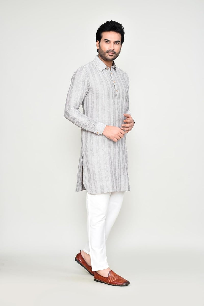 Polyfab Hathkargha Men's Long Sleeve Striped Kurta with Shirt Collar & Pant Set | Traditional Ethnic Wear | Comfortable Cotton Blend Kurta Pyjama Set for Men (XS to XXL) - Image 3
