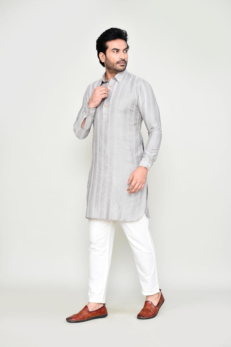 Polyfab Hathkargha Men's Long Sleeve Striped Kurta with Shirt Collar & Pant Set | Traditional Ethnic Wear | Comfortable Cotton Blend Kurta Pyjama Set for Men (XS to XXL) - Image 4