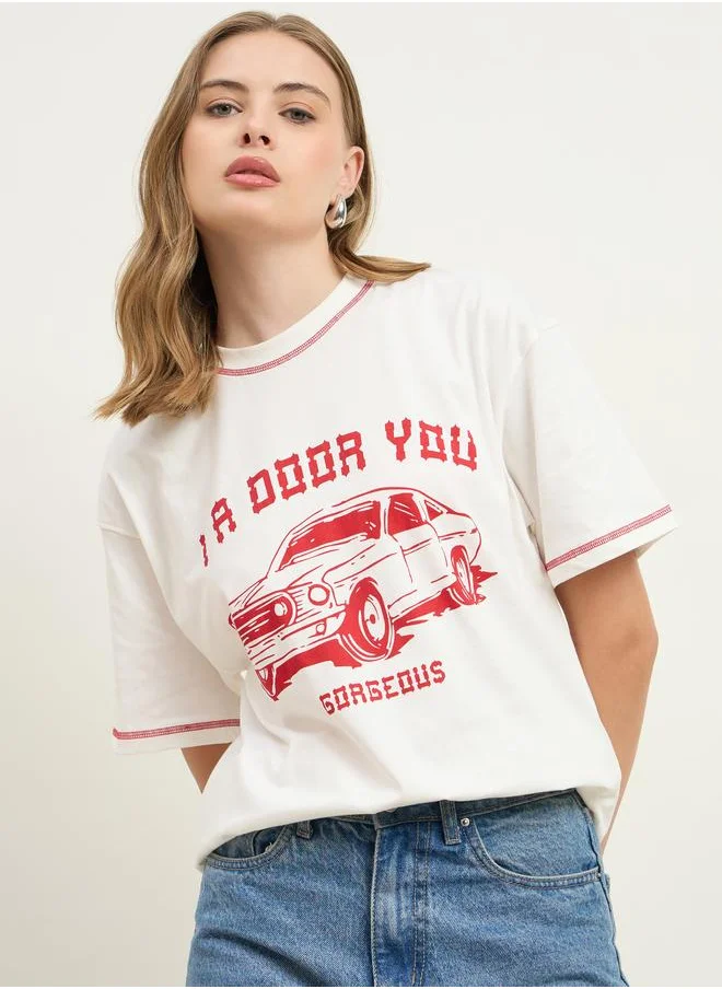 Styli Styli Graphic Print Contrast Stitch Detail Oversized T-Shirt