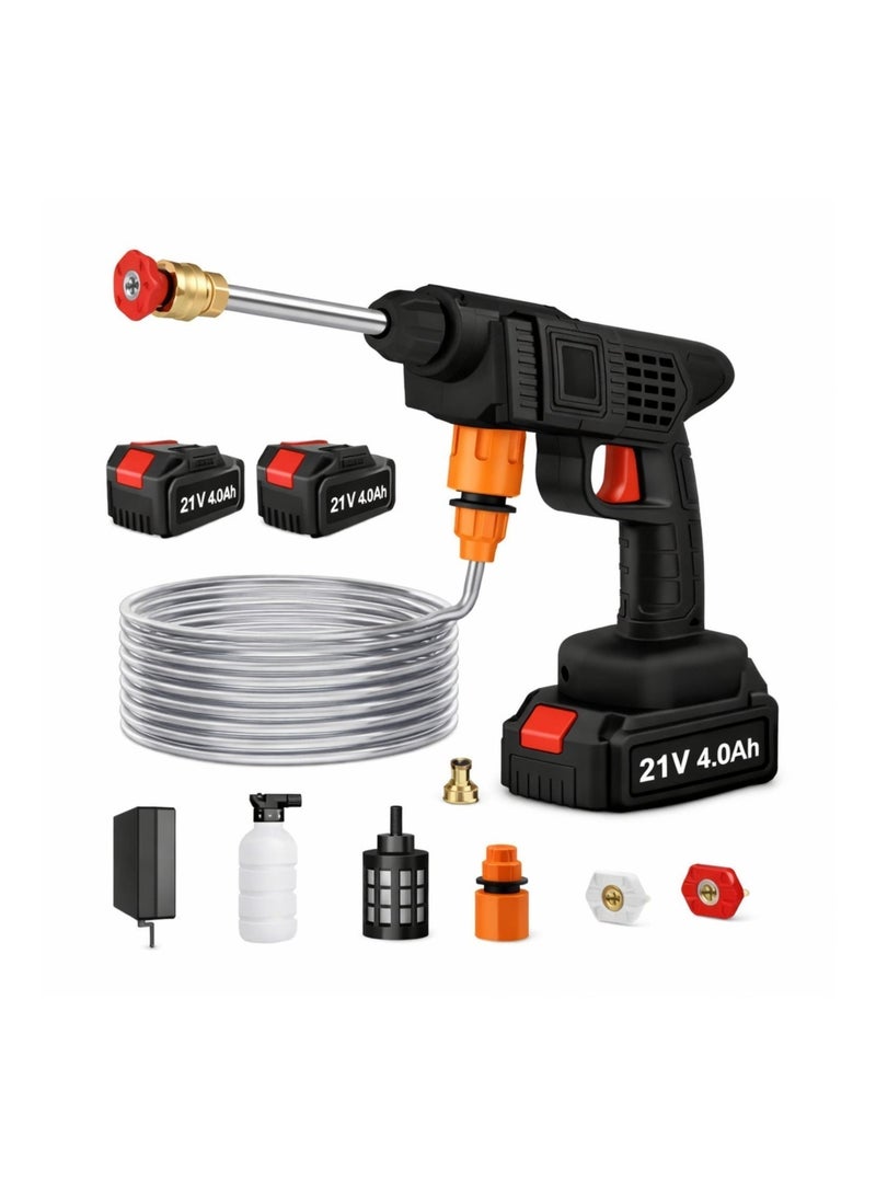 Tsumab Cordless Lithium-Ion High Pressure Car Wash Gun 21V – Portable Water Pressure Washer with 2 Batteries, Foam Bottle, Hose & Multi Nozzle, 35Bar 6L/min