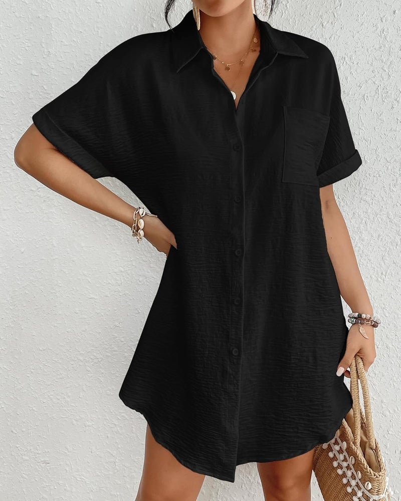 Bsubseach Women Swimsuit Coverup Shirt Dress Button Down Bathing Suit Cover Up Beach Vacation Outfits Black S - Image 4