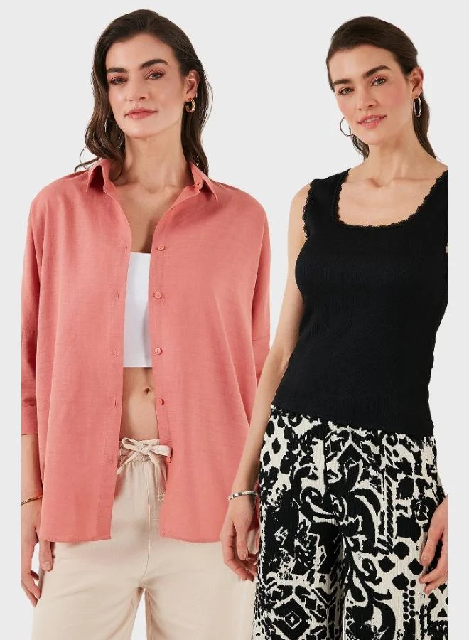 ليلا Lela Stretch Cotton Oversize Fit 2-Pack Shirt-Tank Top Set Women's SHIRT-TANK TOP SET 67810014979S2