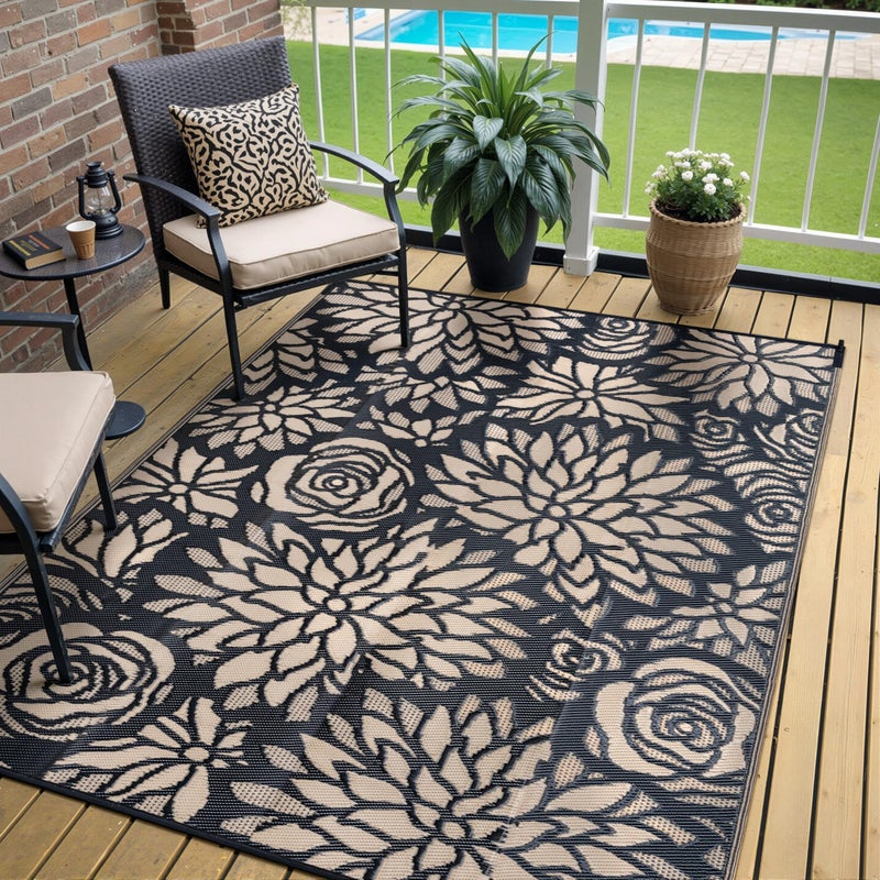 WondRg Outdoor Plastic Straw Rug Waterproof Patio 5x8 Black Brown Floral Mat for Porch Camping RV Balcony Deck Courtyard Reversible Lightweight Durable Portable Carpet - Image 1