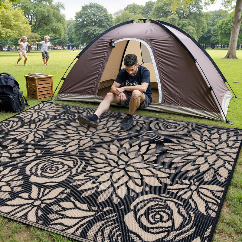 WondRg Outdoor Plastic Straw Rug Waterproof Patio 5x8 Black Brown Floral Mat for Porch Camping RV Balcony Deck Courtyard Reversible Lightweight Durable Portable Carpet - Image 3