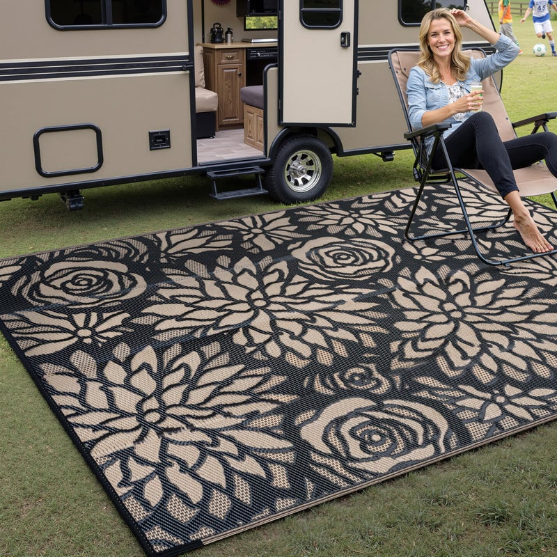 WondRg Outdoor Plastic Straw Rug Waterproof Patio 5x8 Black Brown Floral Mat for Porch Camping RV Balcony Deck Courtyard Reversible Lightweight Durable Portable Carpet - Image 2