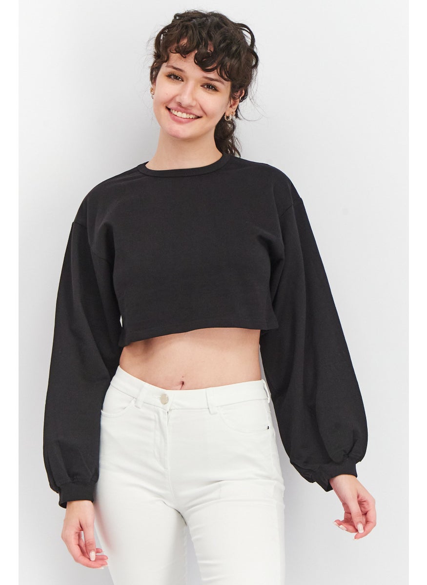 Urban Bliss - Women Plus Size Round Neck Long Sleeve Solid Cropped Sweatshirt, Black - Image 1