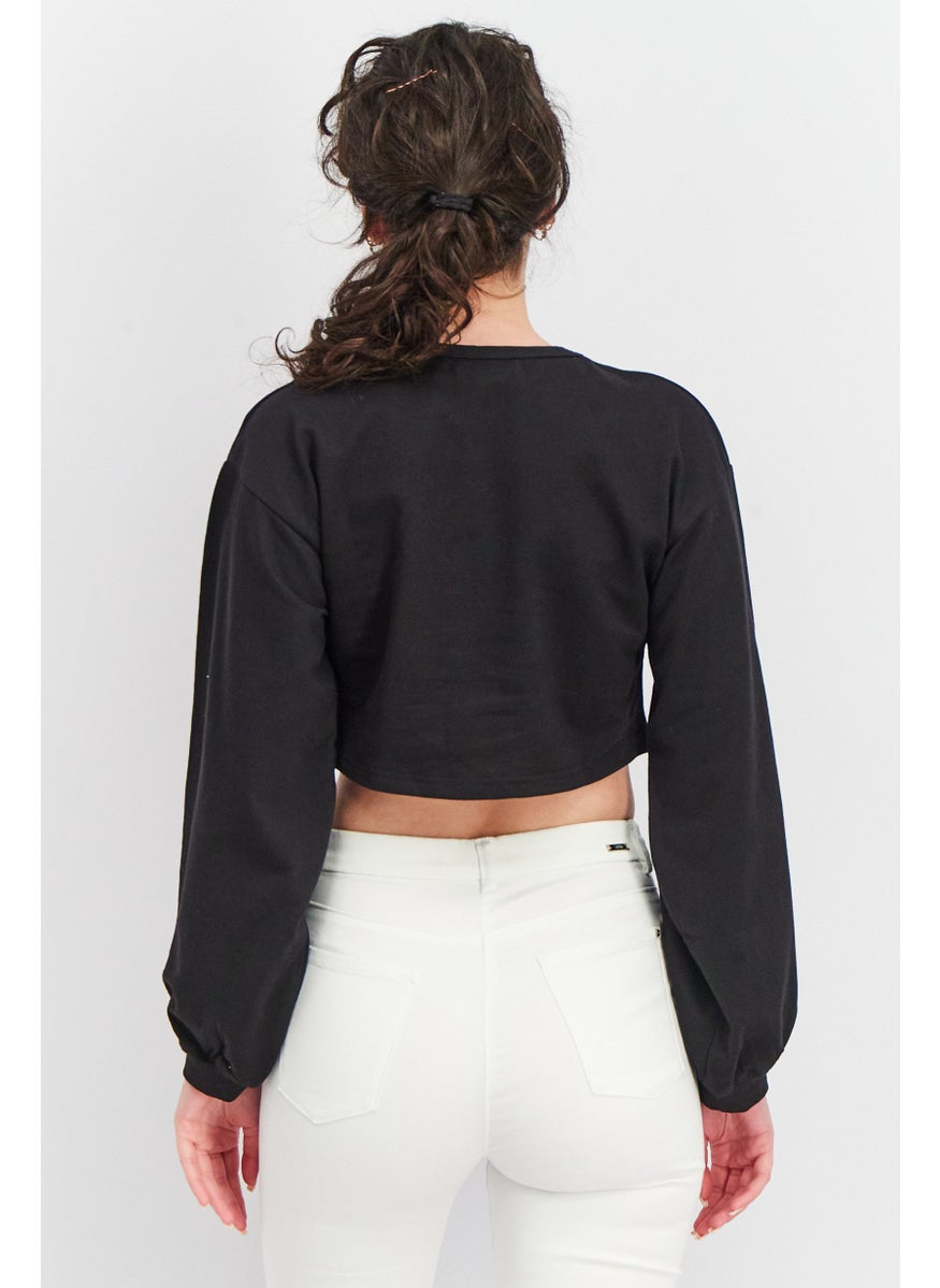 Urban Bliss - Women Plus Size Round Neck Long Sleeve Solid Cropped Sweatshirt, Black - Image 1