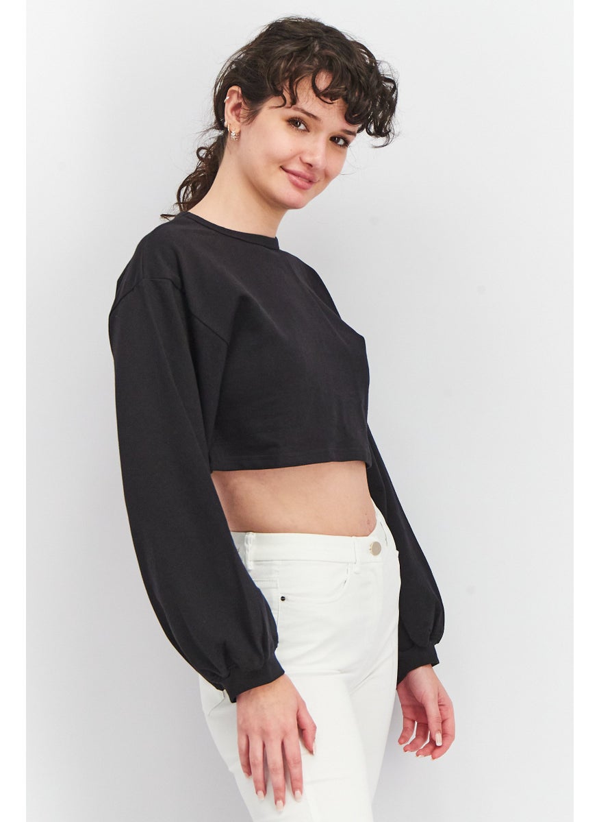Urban Bliss - Women Plus Size Round Neck Long Sleeve Solid Cropped Sweatshirt, Black - Image 1