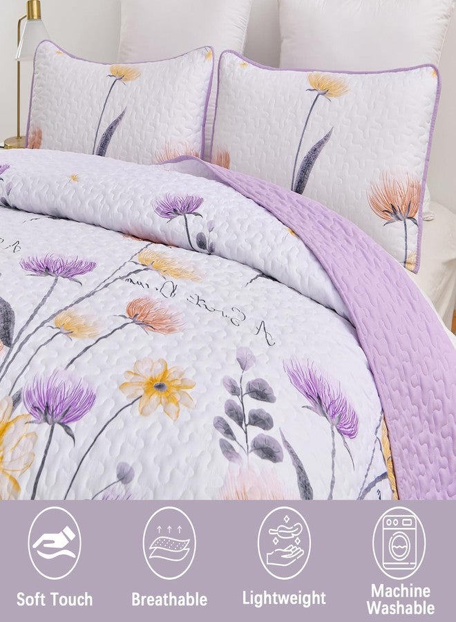 Dinjoy King Size Quilt Set Floral,3 Pieces Purple & Yellow Quilts Coverlet Set Boho Bedspreads Bed Cover Lightweight White Botanical Quilt Bedding Sets for Fall King Bed (90"x104") - Image 2