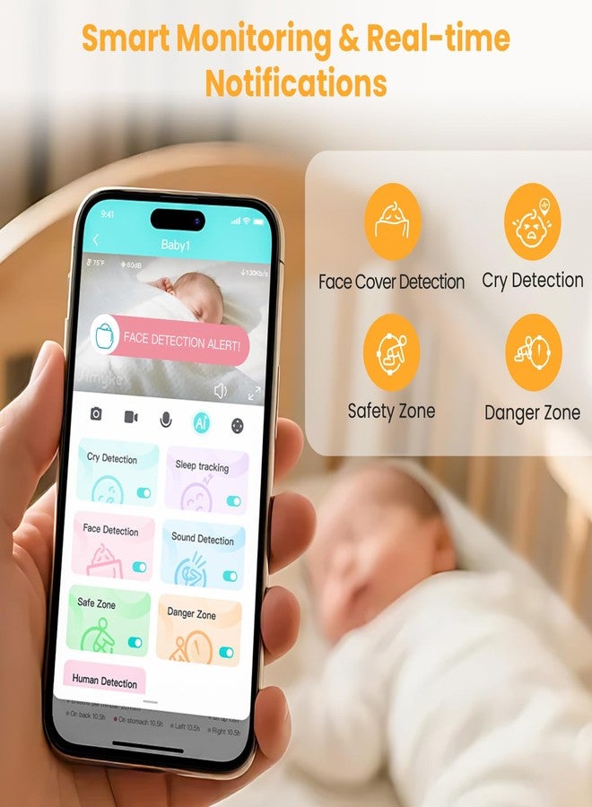 Simyke Smart Baby Monitor with SD Card,WiFi 1080P AI Cam with Phone App,2.8'' IPS Display,AI Face Tracking&Sound Detection,Auto Night Vision,2-Way Talk,Multi-User,Triple Security,1500ft Long Range - Image 4