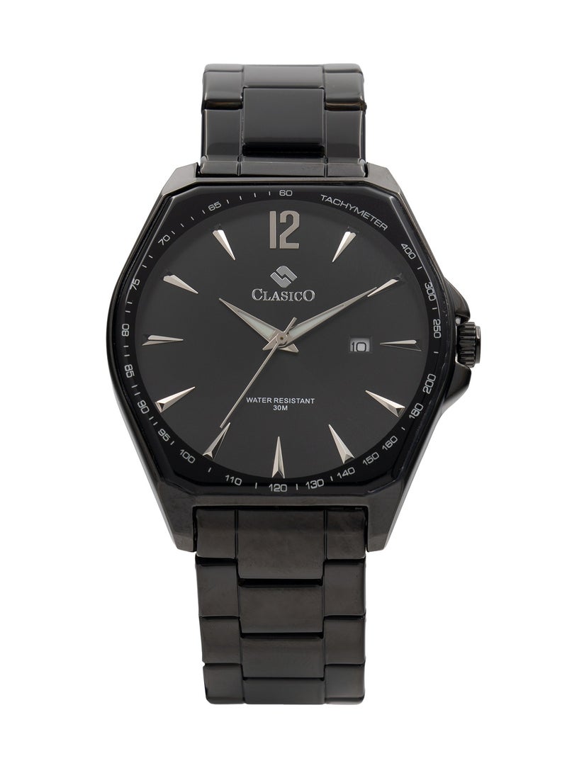 Clasico ساعة يد فاخرة للرجال ⏱️ حركة كوارتز | فولاذ مقاوم للصدأ باللون الأسود ✨ | عرض التاريخ | تصميم الإطار الدائري - Image 2