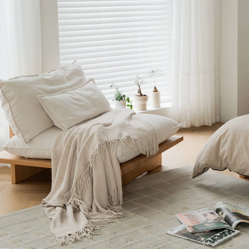 lifein Chenille Throw Blanket 50x60 - Soft Boho Knitted Blanket for Couch Cozy Farmhouse Decor Bed Throw, Lightweight All Season White/Cream Blanket, Decorative for Living Room Bedroom Spring Decor - Image 3