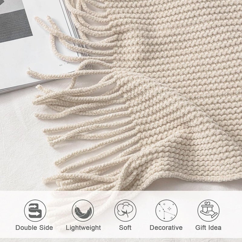 lifein Chenille Throw Blanket 50x60 - Soft Boho Knitted Blanket for Couch Cozy Farmhouse Decor Bed Throw, Lightweight All Season White/Cream Blanket, Decorative for Living Room Bedroom Spring Decor - Image 4
