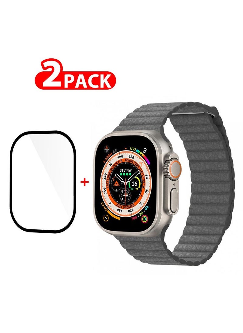 CATANES 2 Packs For Apple Watch Band 49mm Leather Loop Band Magnetic Watch Strap Wristband and 3D Screen Protector Grey  - Image 1