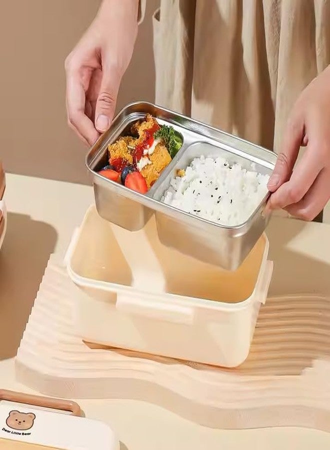 Stavae Leak Proof 2 Compartment Stainless Steel Lunch Boxes with Removable Inner Plate Reusable Microwave Freezer Safe Food Containers for Adults and Kids Tiffin Box for School ((Cream)) - Image 2