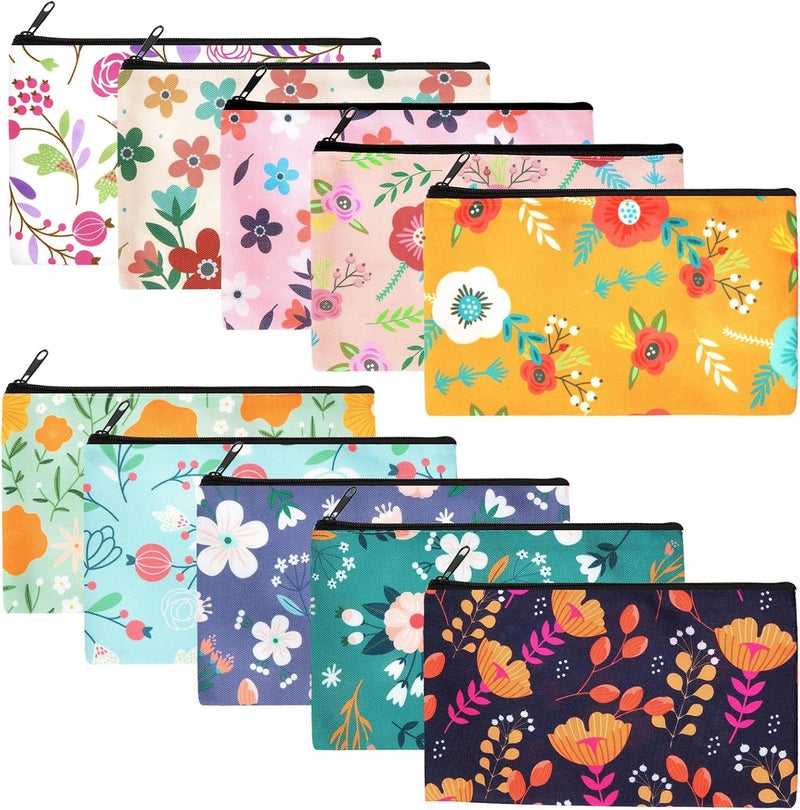 Reginary 20 Pcs Cosmetic Bags for Women Bulk Canvas Flower Makeup Bags with Zipper Floral Spring Multicolor Travel Pouch Small Toiletry Organizer for Mother Friend Valentine‘s Day Gifts