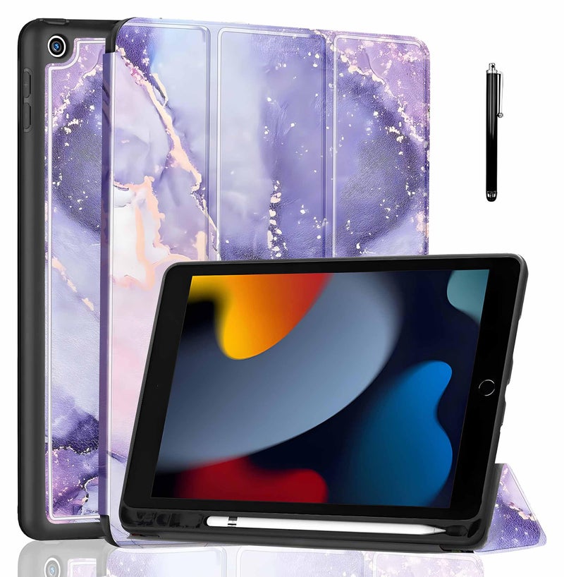 ProElite Smart Case for iPad 10.2 inch 2021 9th/8th/7th Gen [Auto Sleep/Wake Cover] [Pencil Holder] [Soft Flexible Case] Recoil Series - Marble Purple with Stylus Pen - Image 1