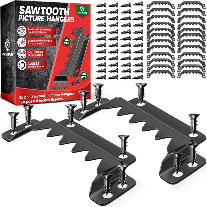X-CUIRASS [Premium] 25 Pack 70mm Sawtooth Picture Hangers with 0.6â€ Screws, Heavy-Duty Steel,300LBS Load-Bearing Capacity,Picture Hanging for Wall Mounting of Artwork, Wooden Frames,Home Decoration(Black) - Image 1