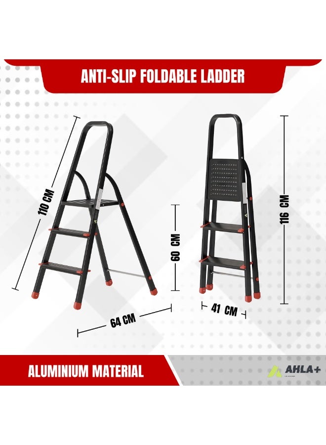 Egardenkart Aluminium Step Ladder for Home - 3 Steps, Black | Anti-Slip Foldable Ladder for Home, Kitchen, Garden, Office | Lightweight, Portable Folding Ladder with Grip (Black) - Image 3