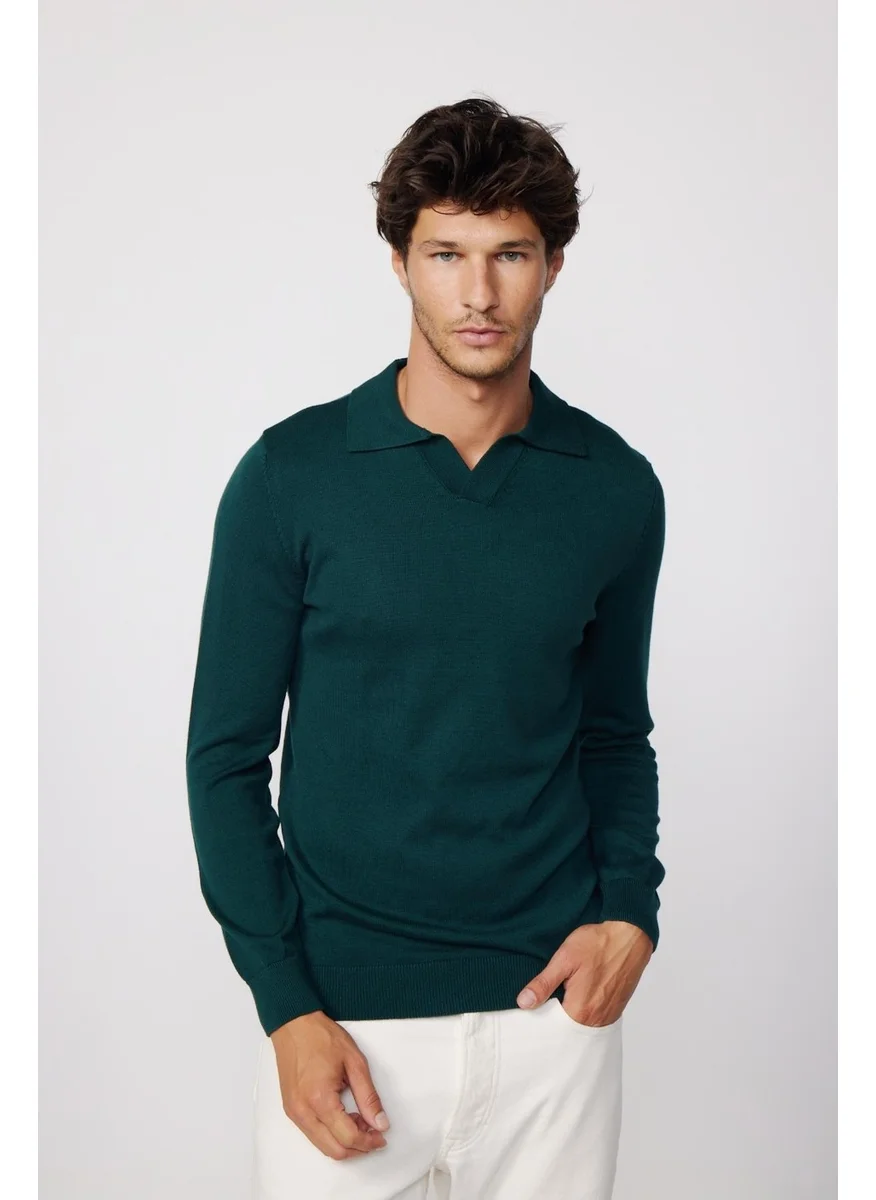 Tudors Slim Fit Slim Cut Polo V Neck Green Men's Sweater