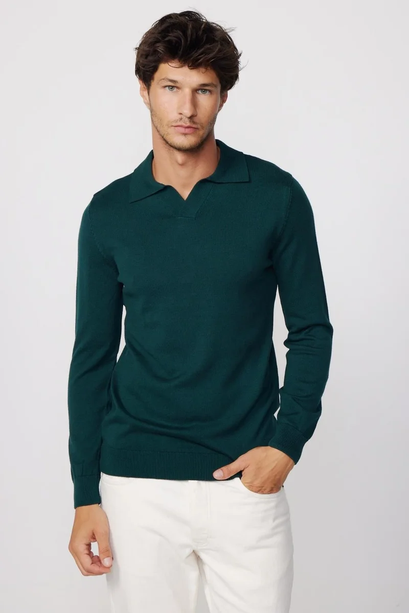 Tudors Slim Fit Slim Cut Polo V Neck Green Men's Sweater