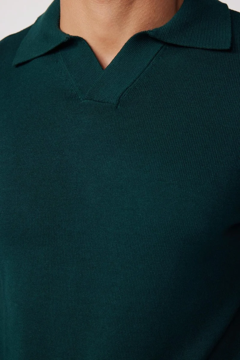 Tudors Slim Fit Slim Cut Polo V Neck Green Men's Sweater