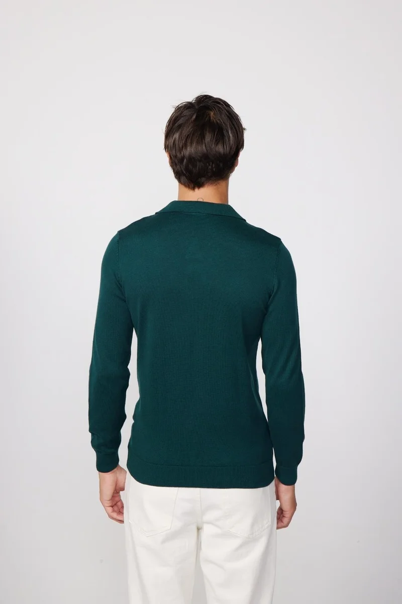 Tudors Slim Fit Slim Cut Polo V Neck Green Men's Sweater