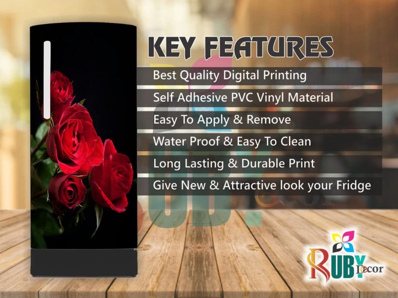 Ruby Décor Decorative Black Color with Beautiful Rose Design Sticker Refrigerator Door Sticker PVC Vinyl Fridge Wrap Sticker for Home (120 cm x 60 cm or 48 X 24 Inches)