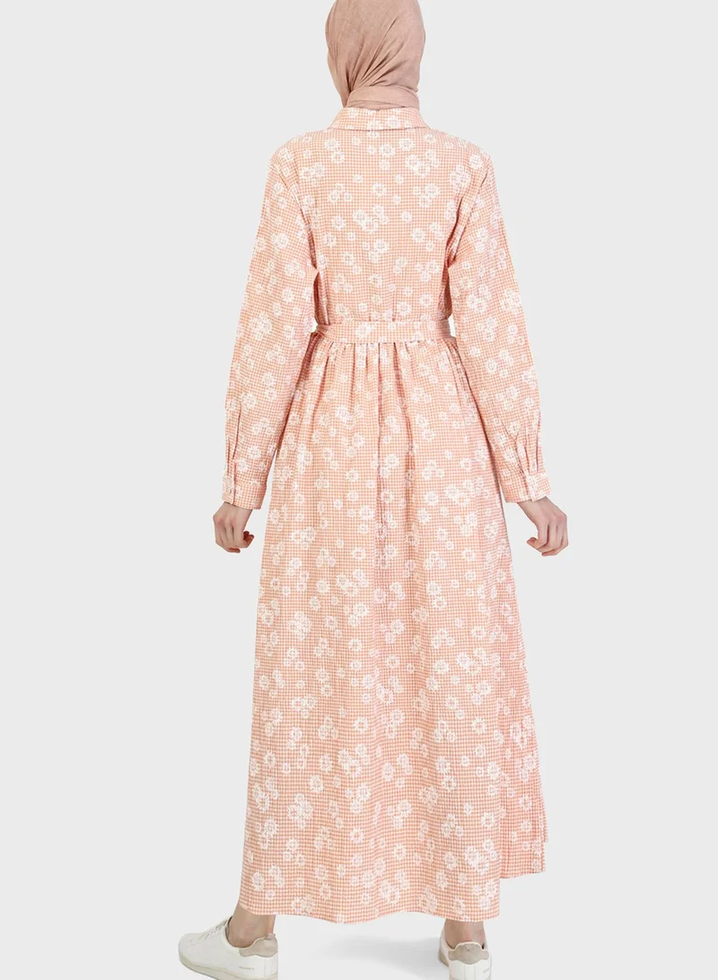 Benin by modanisa Floral Print Belted Dress