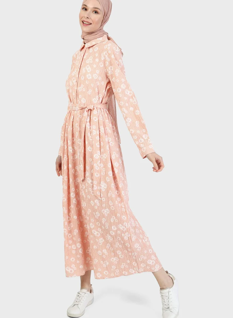 Benin by modanisa Floral Print Belted Dress
