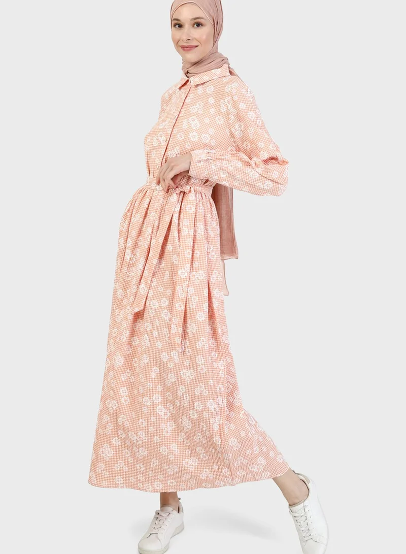 Benin by modanisa Floral Print Belted Dress