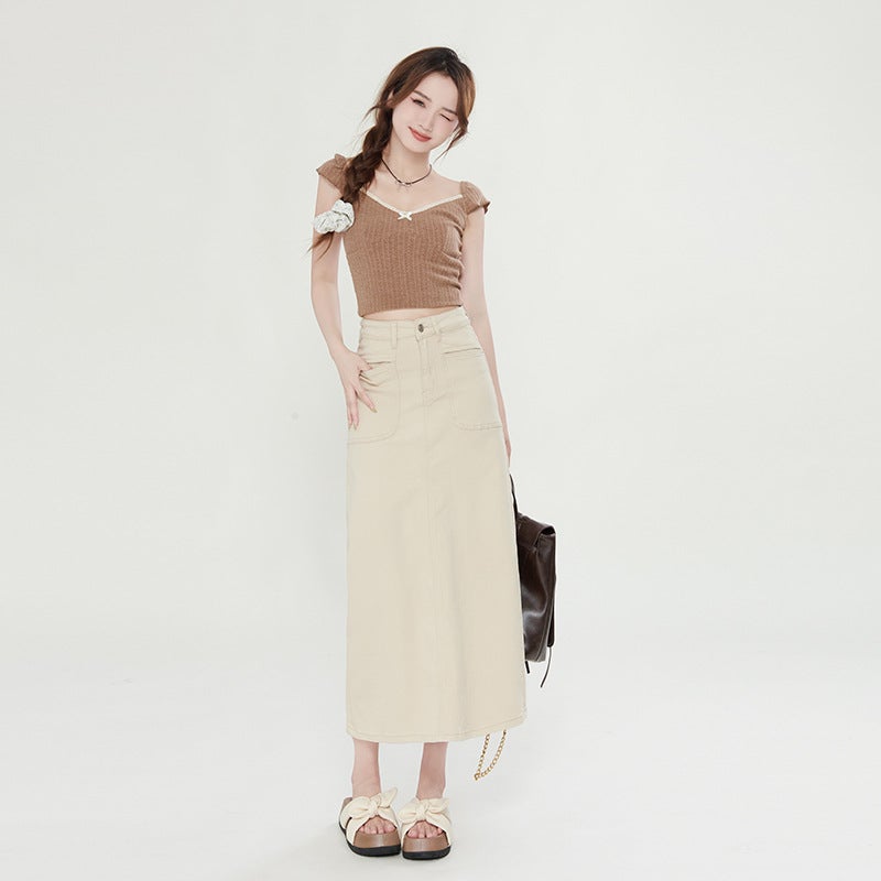 Apricot A-Line Denim Skirt For Women 2025 American Style High-Waisted Slim-Fitting Hip-Hugging Mid-Length Skirt - Image 3